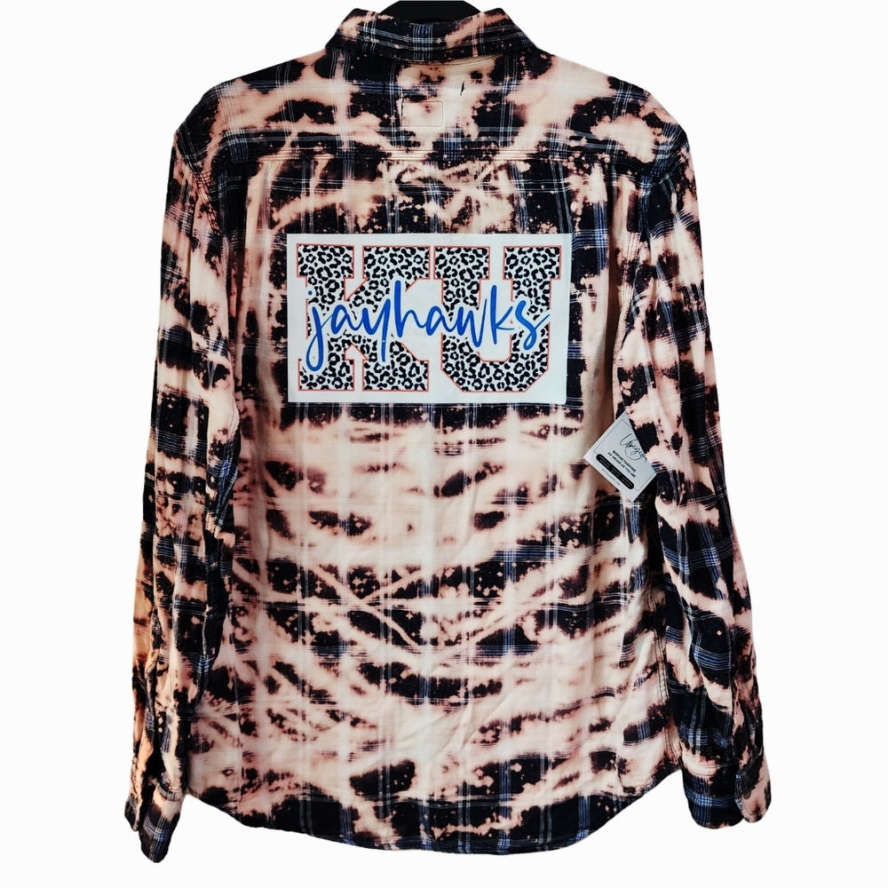 2FOR$30 - Kansas University KU Jayhawks Custom Upcycled Plaid Shirt, Women's M